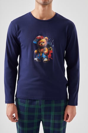 Erkek Pamuklu Ayıcık Baskılı Ekoseli Cepli Pijama Takımı