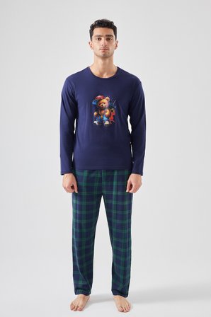 Erkek Pamuklu Ayıcık Baskılı Ekoseli Cepli Pijama Takımı