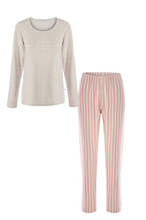 Kadın Pamuklu Kaşkorse Üst Etiket Detaylı Çizgili Pijama Takımı