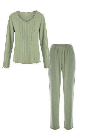 Kadın Yumuşak Dokulu Fitilli Süs Dikişli Soft Touch Pijama Takımı