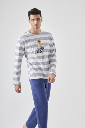 Erkek Pamuklu Uzun Kollu Üst Ayıcık Baskılı Pijama Takımı