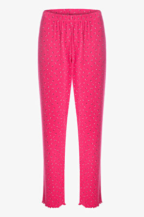 Kadın Pamuklu Çıtır Çiçek Desenli Baby Overloklu Fiyonk Detaylı Uzun Kollu Pijama Takımı