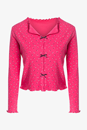 Kadın Pamuklu Çıtır Çiçek Desenli Baby Overloklu Fiyonk Detaylı Uzun Kollu Pijama Takımı