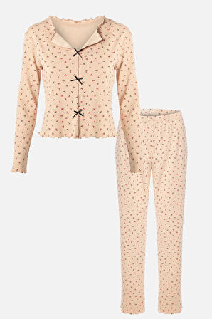 Kadın Pamuklu Çıtır Çiçek Desenli Baby Overloklu Fiyonk Detaylı Uzun Kollu Pijama Takımı