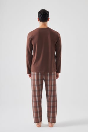 Erkek Pamuklu Uzun Kollu Ekose Desenli Pijama Takımı