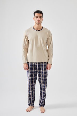 Erkek Pamuklu Uzun Kollu Ekose Desenli Cepli Pijama Takımı