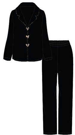 Kadın Yumuşak Dokulu Leopar Desenli Fiyonklu Uzun Kollu Gömlek Yaka Pijama Takımı