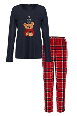Kadın Yumuşak Dokulu Ayıcık Baskılı Ekose Desenli Pijama Takımı