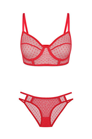 Kadın Kırmızı Puanlı Tül Sütyen Takımı