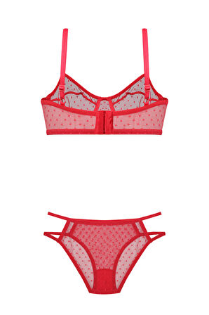 Kadın Kırmızı Puanlı Tül Sütyen Takımı