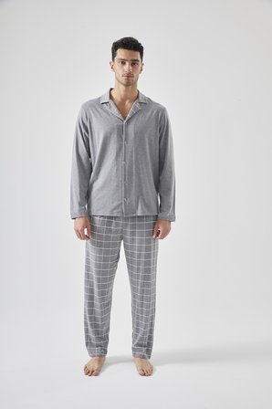Erkek Pamuklu Gri Ekose Desenli Uzun Kollu Cep Detaylı Gömlek Yaka Pijama Takımı
