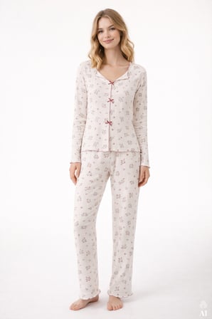 Kadın Pamuklu Çıtır Çiçek Desenli Baby Overloklu Fiyonklu Uzun Kollu Pijama Takımı