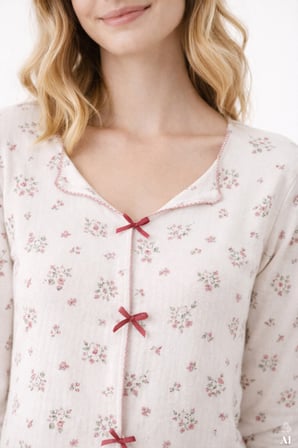 Kadın Pamuklu Çıtır Çiçek Desenli Baby Overloklu Fiyonklu Uzun Kollu Pijama Takımı