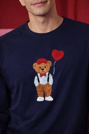 Erkek Pamuklu Ayıcık Baskılı Ekose Desenli Pijama Takımı