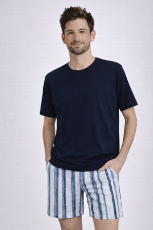 Erkek Pamuklu Kısa Kollu Çizgili Cepli Şortlu Pijama Takımı
