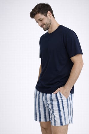 Erkek Pamuklu Kısa Kollu Çizgili Cepli Şortlu Pijama Takımı