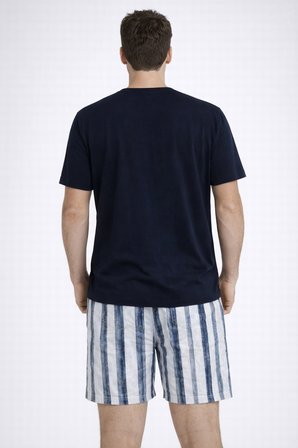Erkek Pamuklu Kısa Kollu Çizgili Cepli Şortlu Pijama Takımı