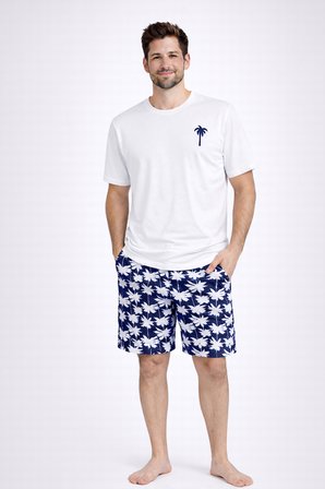 Erkek Pamuklu Kısa Kollu Palmiye Desenli Cepli Şortlu Pijama Takımı