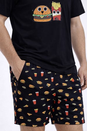 Erkek Pamuklu Baskılı Cepli Şortlu Pijama Takımı