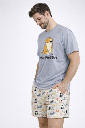 Erkek Pamuklu Köpek Desenli Eğlenceli Cepli Şortlu Pijama Takımı