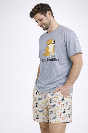 Erkek Pamuklu Köpek Desenli Eğlenceli Cepli Şortlu Pijama Takımı