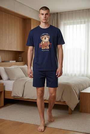 Erkek Pamuklu Lacivert Baskılı Cepli Pijama Takımı