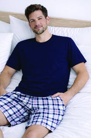 Erkek Pamuklu Ekose Desenli Kısa Kollu Cepli Şortlu Pijama Takımı