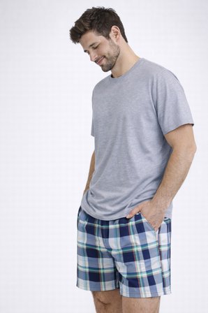 Erkek Pamuklu Ekose Desenli Kısa Kollu Cepli Şortlu Pijama Takımı