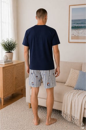 Erkek Pamuklu Lacivert Baskılı Çizgili Cepli Şortlu Pijama Takımı