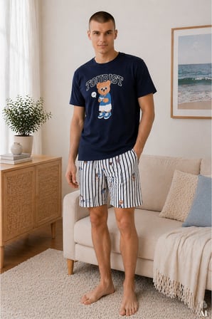 Erkek Pamuklu Lacivert Baskılı Çizgili Cepli Şortlu Pijama Takımı