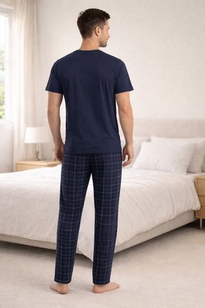 Erkek Lacivert Kısa Kollu Ekose Desenli Pamuklu Pijama Takımı