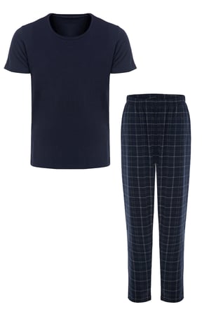 Erkek Lacivert Kısa Kollu Ekose Desenli Pamuklu Pijama Takımı