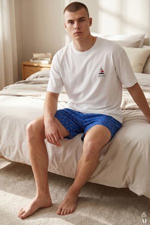 Erkek Pamuklu Mavi Baskılı Cepli Şortlu Pijama Takımı