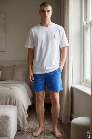 Erkek Pamuklu Mavi Baskılı Cepli Şortlu Pijama Takımı