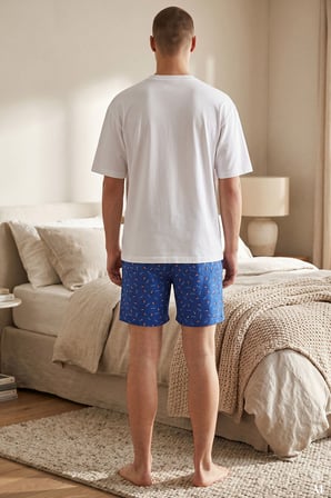 Erkek Pamuklu Mavi Baskılı Cepli Şortlu Pijama Takımı