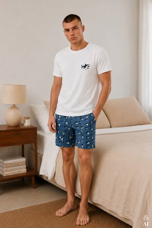 Erkek Pamuklu Baskılı Cepli Şortlu Pijama Takımı