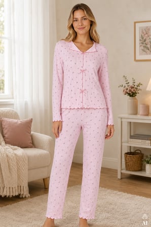 Kadın Pamuklu Çıtır Çiçek Desenli Baby Overloklu Fiyonklu Uzun Kollu Pijama Takımı
