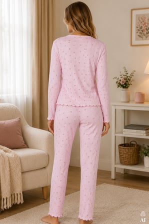 Kadın Pamuklu Çıtır Çiçek Desenli Baby Overloklu Fiyonklu Uzun Kollu Pijama Takımı