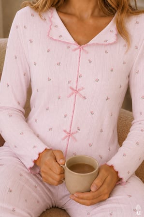 Kadın Pamuklu Çıtır Çiçek Desenli Baby Overloklu Fiyonklu Uzun Kollu Pijama Takımı