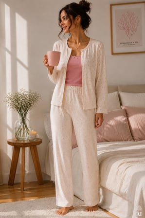Kadın 3'lü %100 Pamuklu Transferli Ribana Dantelli Pijama Takımı