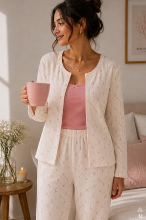 Kadın 3'lü %100 Pamuklu Transferli Ribana Dantelli Pijama Takımı