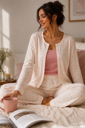 Kadın 3'lü %100 Pamuklu Transferli Ribana Dantelli Pijama Takımı