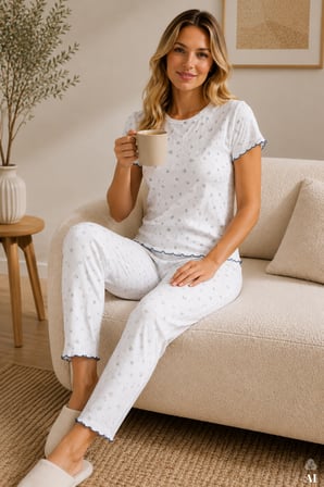 Kadın Pamuklu Çıtır Çiçek Desenli Baby Overloklu Kısa Kollu Pijama Takımı