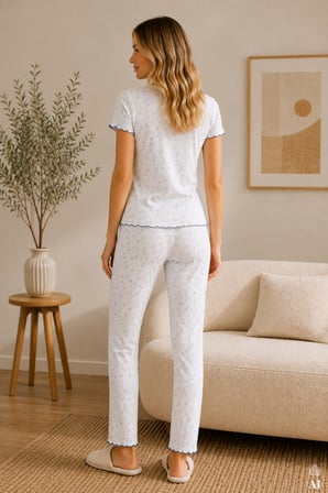 Kadın Pamuklu Çıtır Çiçek Desenli Baby Overloklu Kısa Kollu Pijama Takımı