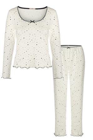 Kadın Pamuklu Uzun Kollu Kalıp Desenli Fiyonk Detaylı Pijama Takımı