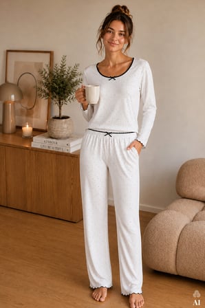 Kadın Pamuklu Uzun Kollu Kalıp Desenli Fiyonk Detaylı Pijama Takımı