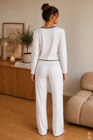 Kadın Pamuklu Uzun Kollu Kalıp Desenli Fiyonk Detaylı Pijama Takımı