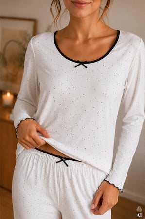 Kadın Pamuklu Uzun Kollu Kalıp Desenli Fiyonk Detaylı Pijama Takımı