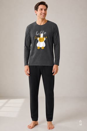 Erkek Uzun Kollu Ördek Baskılı Cepsiz Uzun Alt Pijama Takımı