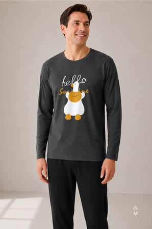 Erkek Uzun Kollu Ördek Baskılı Cepsiz Uzun Alt Pijama Takımı